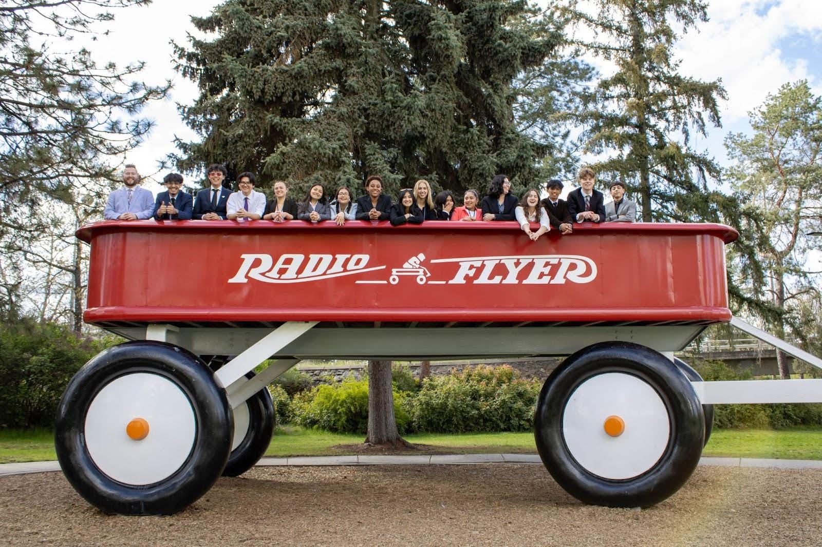Students in a large wagon